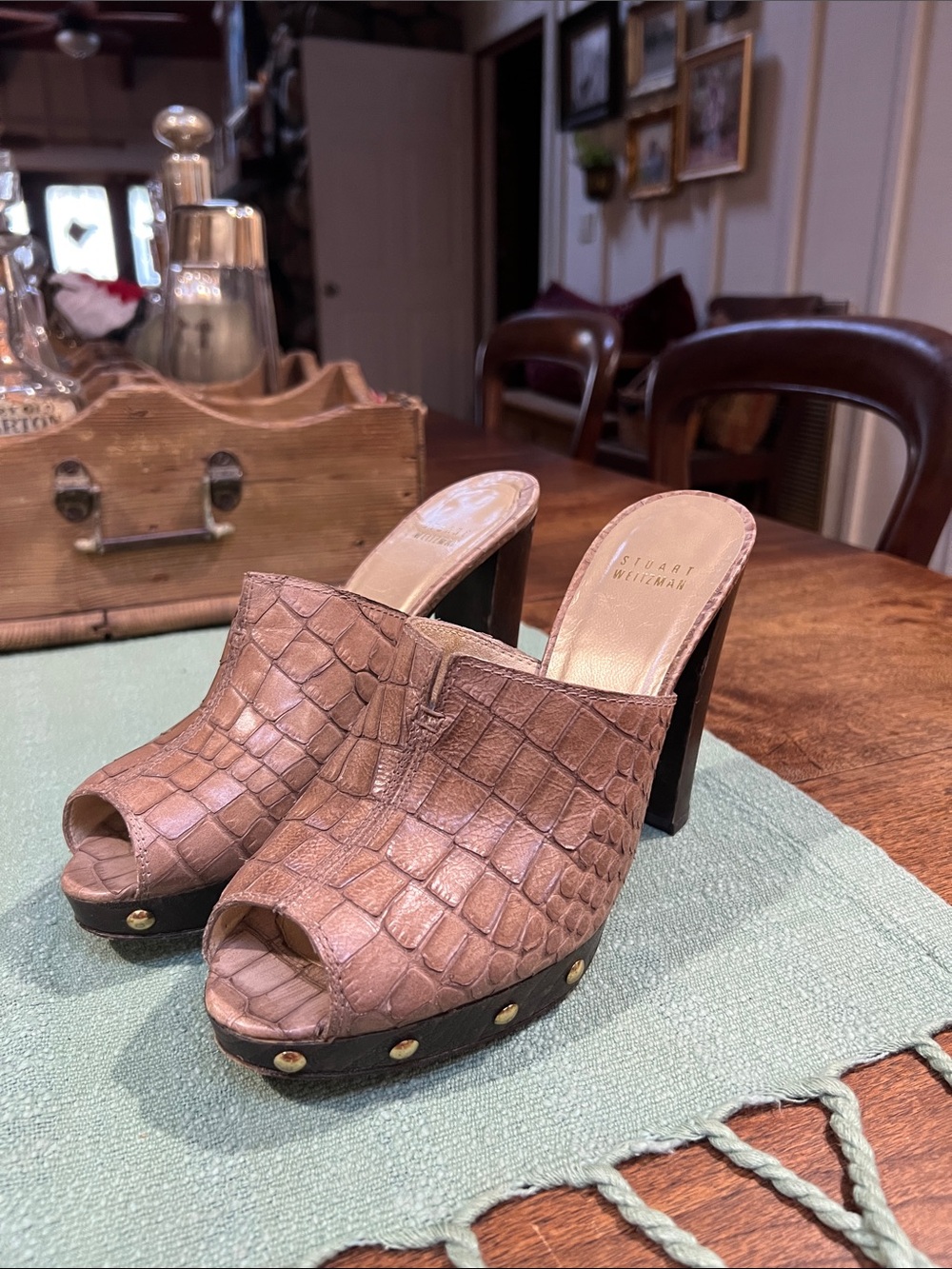 Stuart Weitzman Croc-Embossed Peep-Toe Platform Mules